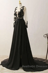 Black Long Sleeves Chiffon With Lace Evening Dresses, Black A-Line Party Dresses With Leg Slit